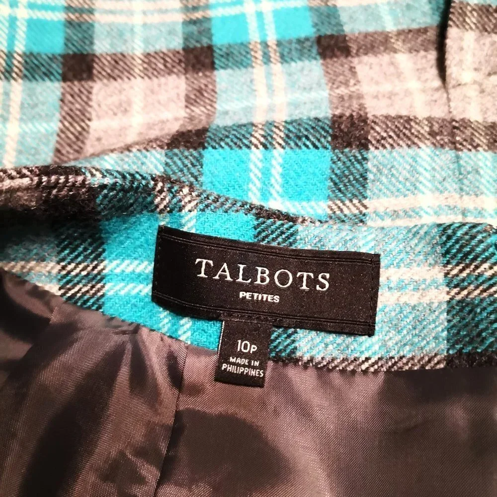 Talbots Plaid Wool Skirt Teal Blue/Grey‎ Size 10P